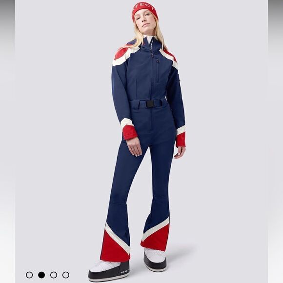 Women’s Perfect Moment Allos Ski Suit Navy Blue Red EUC Large Belted Ski Suit - Picture 1 of 13